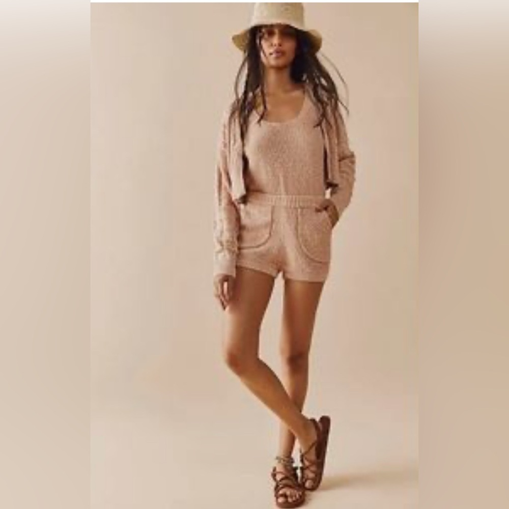 Free People Beach Textured Knit Sleeveless Romper in Peach